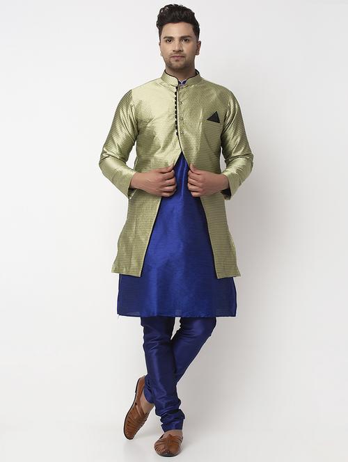 navy solid kurta pyjama with self-designed jacket - 18456066 - Very Small Image - 1
