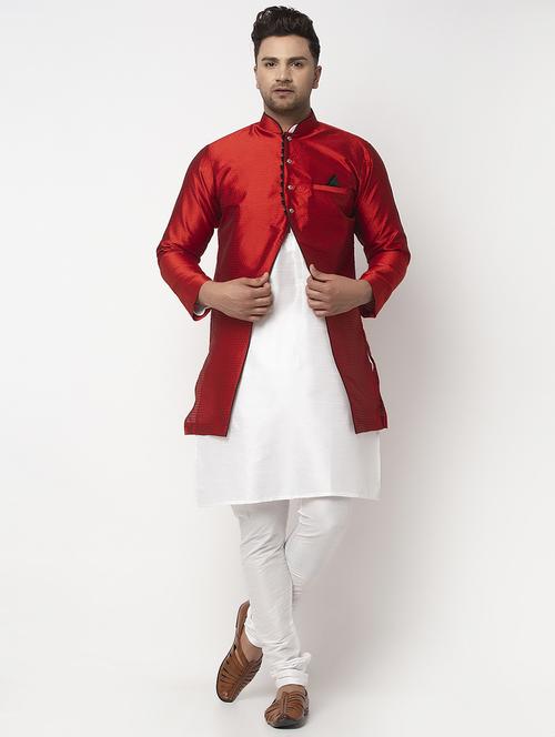 white solid kurta pyjama with self-designed jacket - 18456077 - Very Small Image - 1