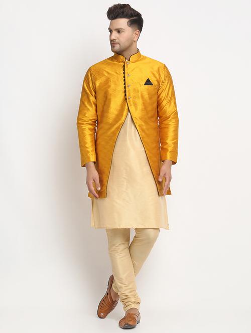 gold solid kurta pyjama with self-designed jacket - 18456084 - Very Small Image - 1