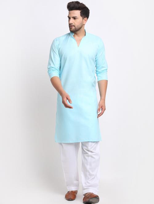 solid pathani kurta with white salwar - 18456221 - Very Small Image - 1