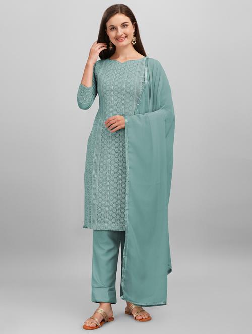 chikankari work unstitched straight pant suit set - 18456499 - Very Small Image - 1