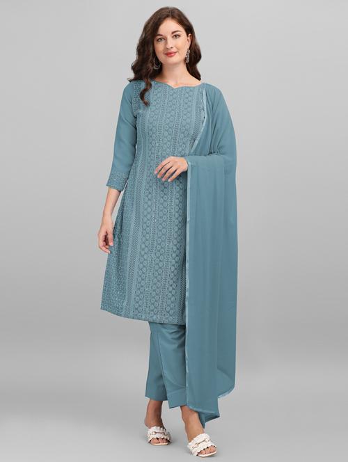 chikankari work unstitched straight pant suit set - 18456501 - Very Small Image - 1
