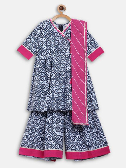 girls navy blue printed kurta palazzo set - 18457844 - Very Small Image - 1