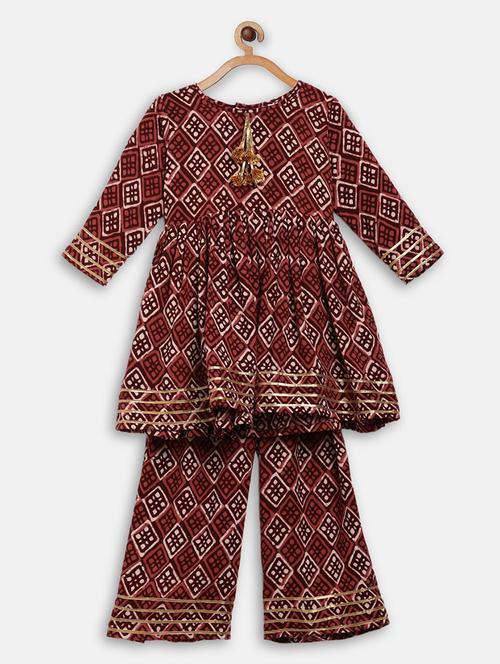 girls brown batik kurta palazzo set - 18457864 - Very Small Image - 1