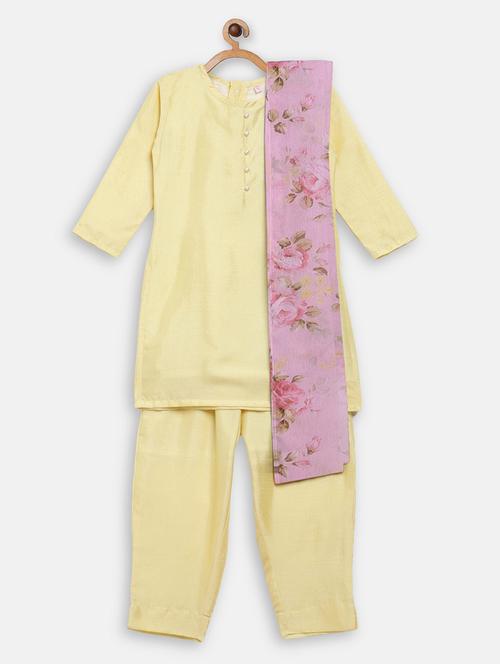 girls yellow solid kurta pant set - 18457867 - Very Small Image - 1