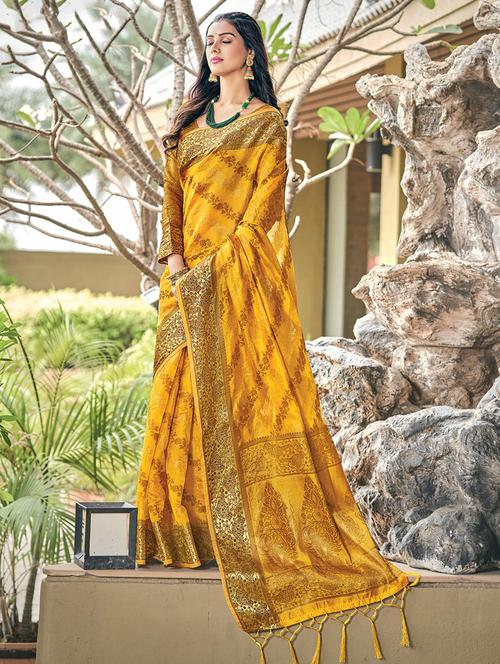golden zari work woven saree - 18458219 - Very Small Image - 1