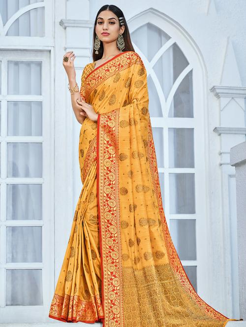 golden zari work woven saree - 18458222 - Very Small Image - 1