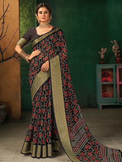 contrast bordered printed saree - 18458235 - Very Small Image - 1