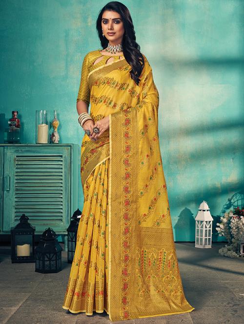 golden zari work woven saree - 18458316 - Very Small Image - 1