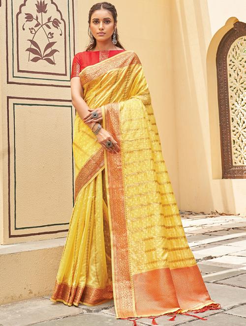 golden zari work woven saree with blouse - 18458331 - Very Small Image - 1