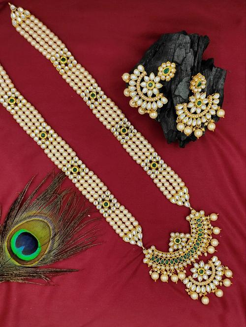 designer traditional green long haram gold plated pearls necklace set for women - 18458366 - Very Small Image - 1