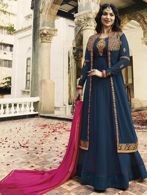 embroidered semi-stitched anarkali suit set - 18458628 - Very Small Image - 1