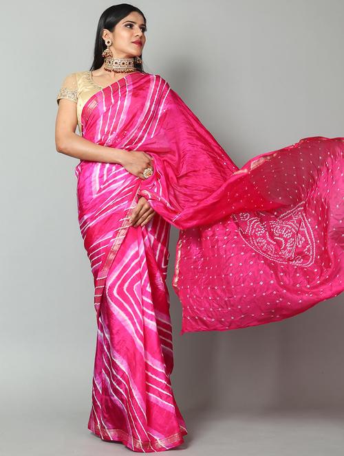 golden zari work leheriya saree with blouse - 18458800 - Very Small Image - 1
