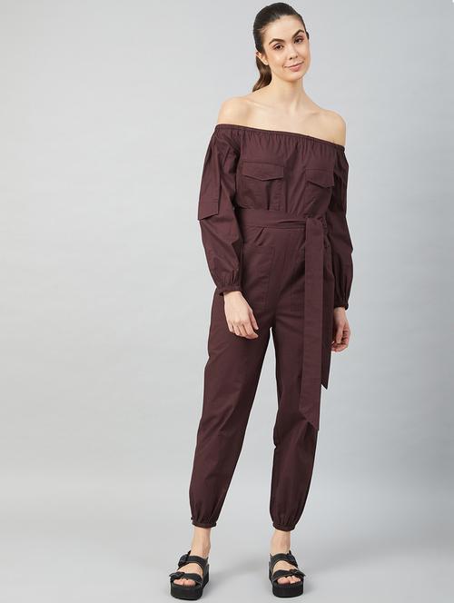 tie front solid off shoulder jumpsuit - 18458881 - Very Small Image - 1