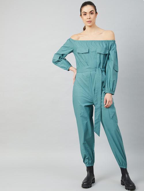 tie front solid off shoulder jumpsuit - 18458882 - Very Small Image - 1