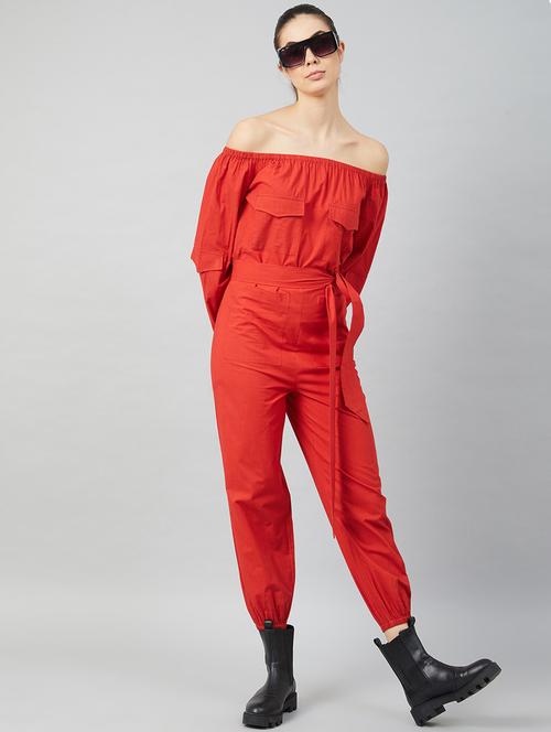 tie front solid off shoulder jumpsuit - 18458884 - Very Small Image - 1