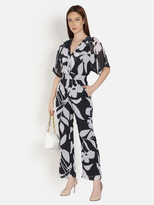 overlap neck tropical full leg jumpsuit - 18458969 - Very Small Image - 1