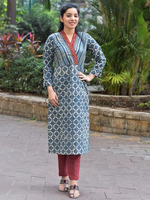 indigo printed straight kurta - 18460381 - Very Small Image - 1