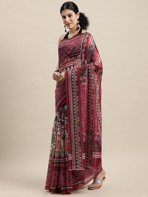 floral printed red saree - 18460979 - Very Small Image - 1