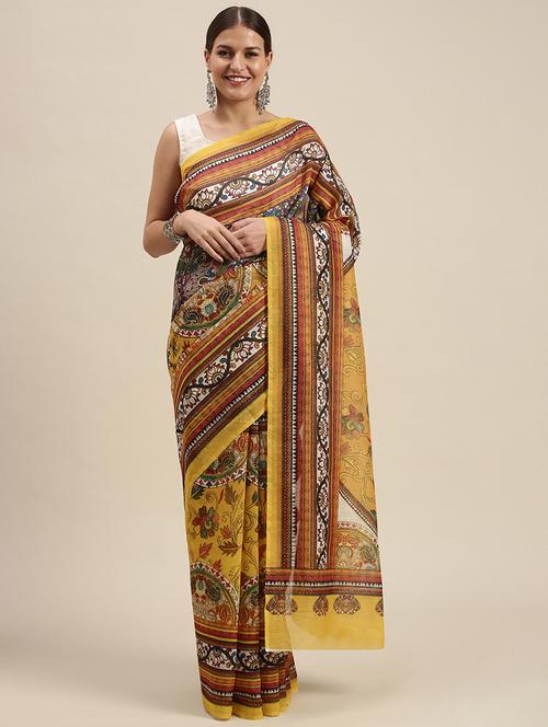 yellow cotton blend printed saree - 18460980 - Very Small Image - 1