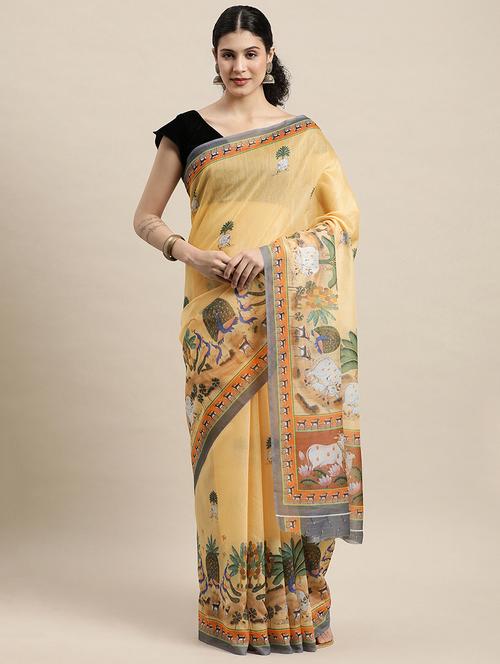 yellow printed saree - 18460982 - Very Small Image - 1