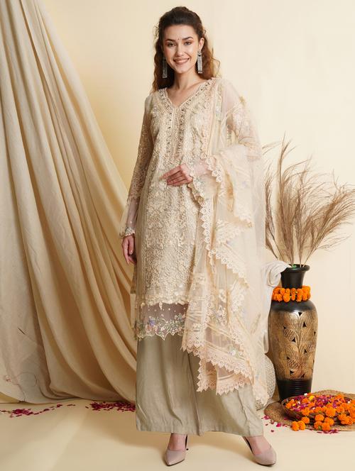 embroidered unstitched palazzo suit set - 18461232 - Very Small Image - 1