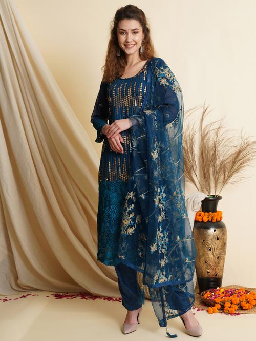 embroidered unstitched straight pant suit set - 18461237 - Very Small Image - 1