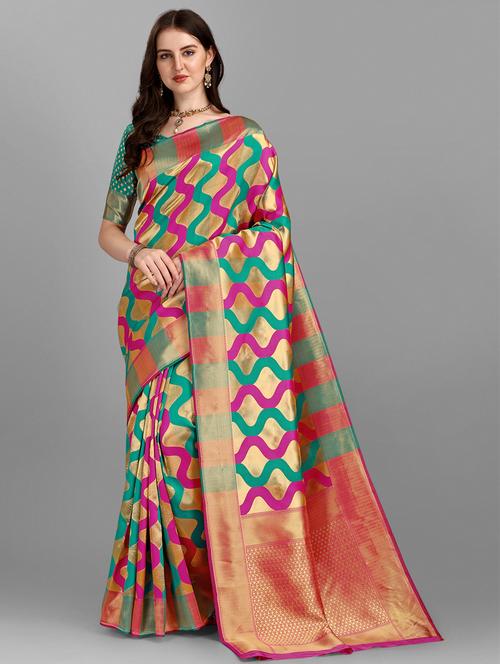golden zari work banarasi saree with blouse - 18461276 - Very Small Image - 1