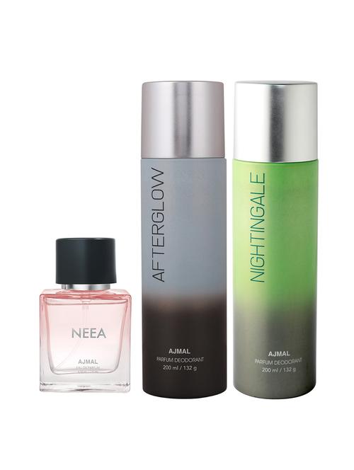 ajmal after glow deo 200 ml and nightingale deo 200 ml and neea edp 50 ml for women +2 perfume testers free - 18461308 - Very Small Image - 1