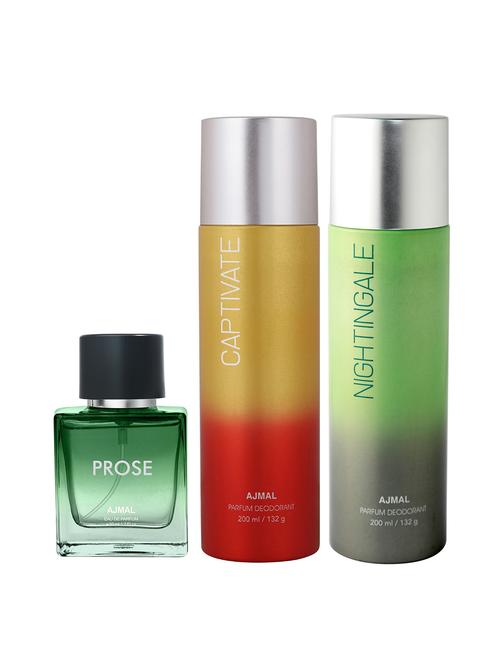 ajmal captivate deo 200 ml and nightingale deo 200 ml and prose edp 50 ml for men +2 perfume testers free - 18461314 - Very Small Image - 1