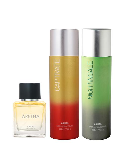 ajmal captivate deo 200 ml and nightingale deo 200 ml and aretha edp 50 ml for women +2 perfume testers free - 18461315 - Very Small Image - 1
