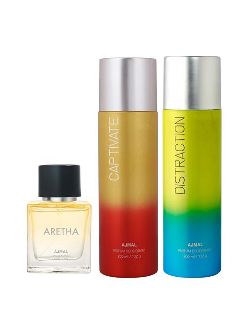 ajmal distraction deo 200 ml and captivate deo 200 ml and aretha edp 50 ml for women +2 perfume testers free - 18461323 - Very Small Image - 1