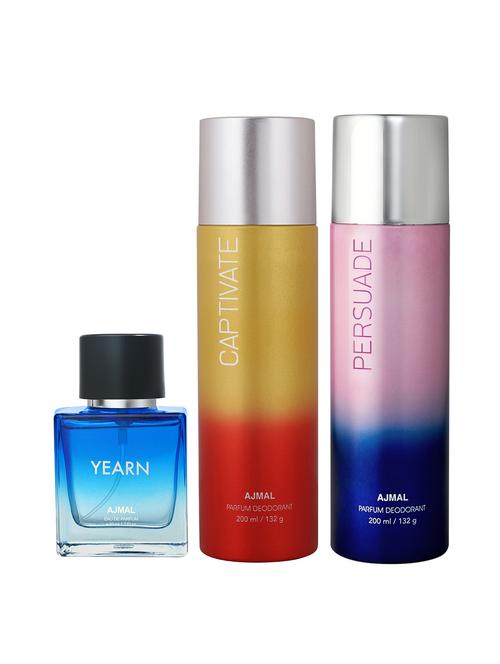ajmal captivate deo 200 ml and persuade deo 200 ml and yearn edp 50 ml for men +2 perfume testers free - 18461339 - Very Small Image - 1