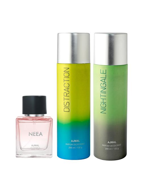 ajmal distraction deo 200 ml and nightingale deo 200 ml and neea edp 50 ml for women +2 perfume testers free - 18461346 - Very Small Image - 1