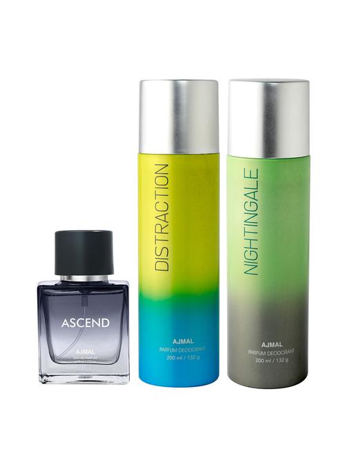 ajmal distraction deo 200 ml and nightingale deo 200 ml and ascend edp 50 ml for unisex +2 perfume testers free - 18461350 - Very Small Image - 1