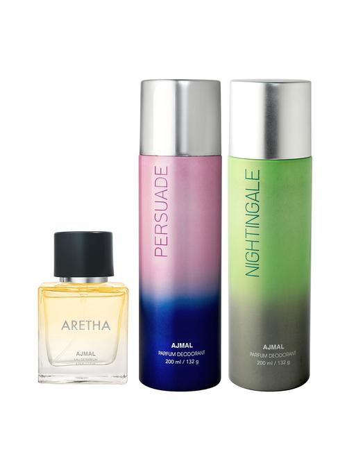 ajmal persuade deo 200 ml and nightingale deo 200 ml and aretha edp 50 ml for women +2 perfume testers free - 18461358 - Very Small Image - 1