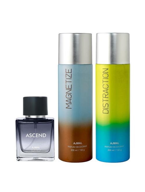 ajmal distraction deo 200 ml and magnetize deo 200 ml and ascend edp 50 ml for unisex +2 perfume testers free - 18461365 - Very Small Image - 1