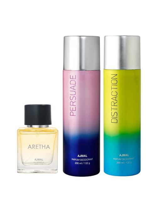ajmal distraction deo 200 ml and persuade deo 200 ml and aretha edp 50 ml for women +2 perfume testers free - 18461368 - Very Small Image - 1