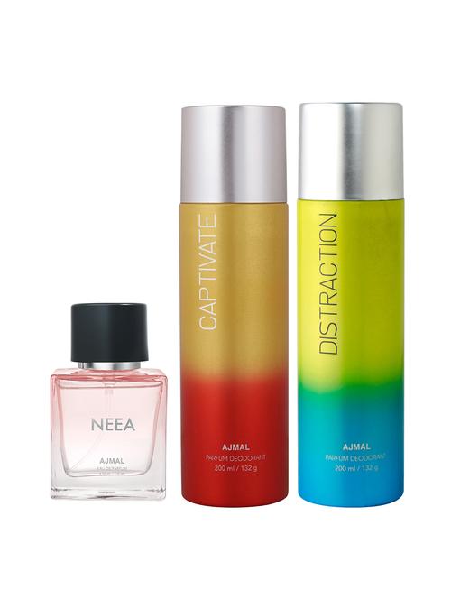 ajmal distraction deo 200 ml and captivate deo 200 ml and neea edp 50 ml for women +2 perfume testers free - 18461371 - Very Small Image - 1