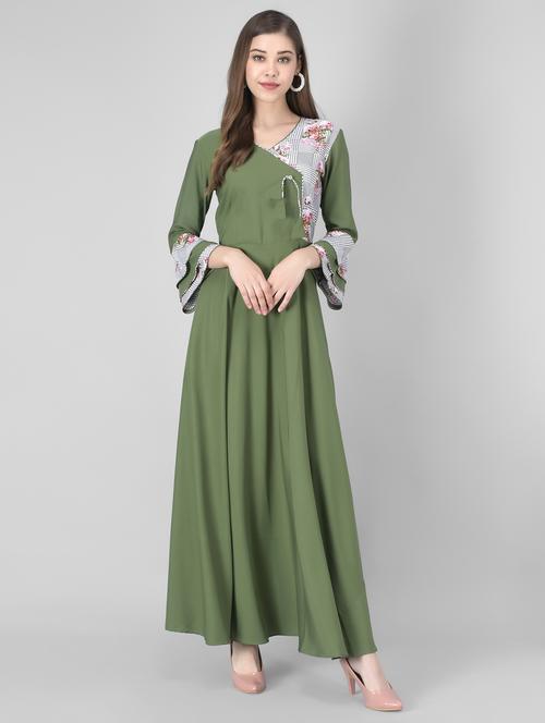 bell sleeved print detail flared maxi dress - 18461723 - Very Small Image - 1