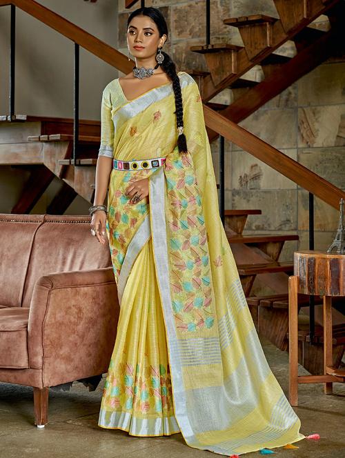 yellow linen embroidered saree - 18461894 - Very Small Image - 1