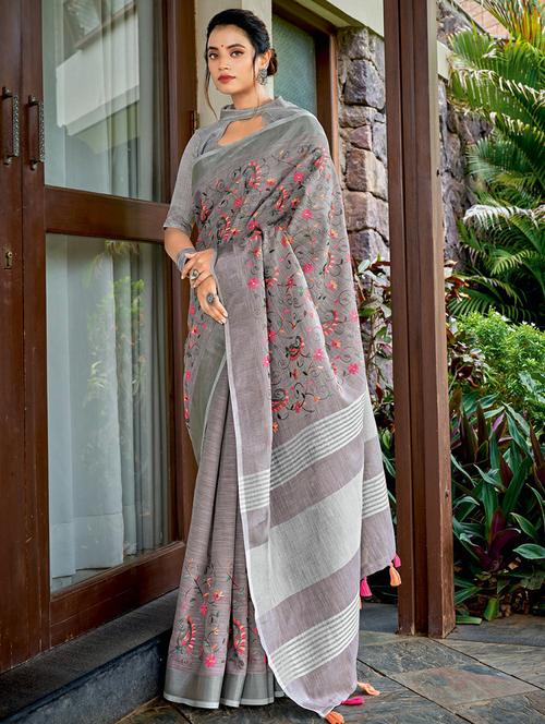 zari work embroidered saree with blouse - 18461902 - Very Small Image - 1