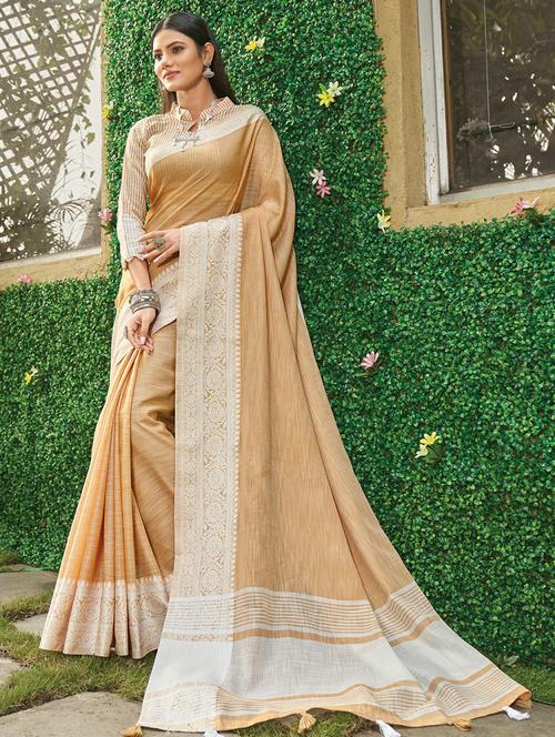 women's self design beige colored saree with blouse - 18461974 - Very Small Image - 1