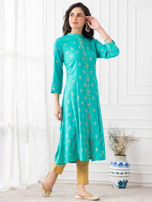 turquoise foil print a-line kurta - 18462759 - Very Small Image - 1
