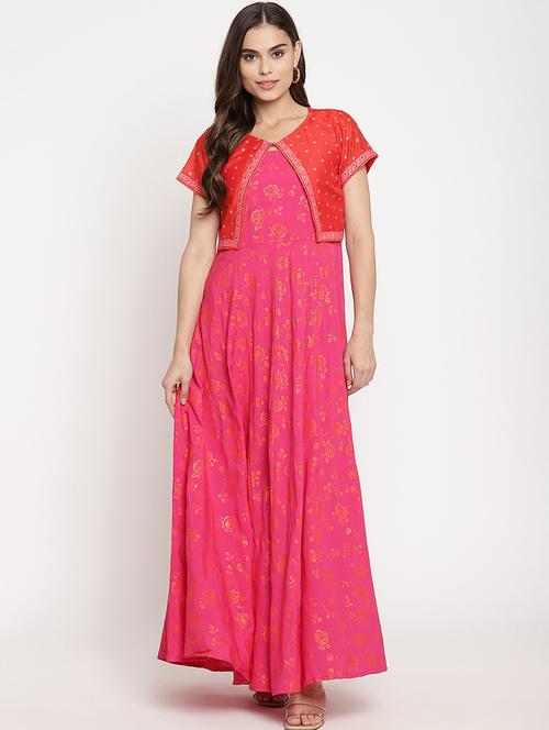 floral layered ethnic dress with jacket - 18462882 - Very Small Image - 1
