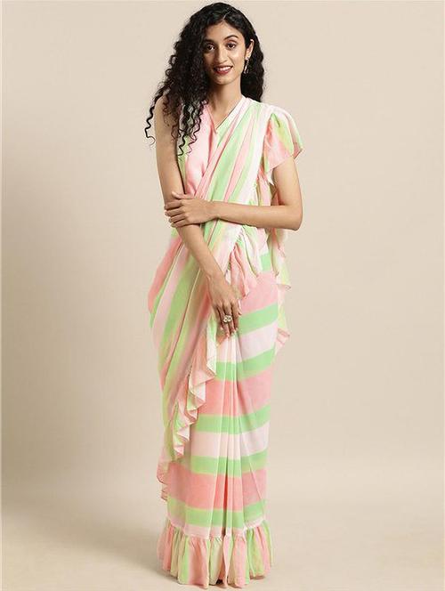 ruffle striped color block saree with blouse - 18462906 - Very Small Image - 1