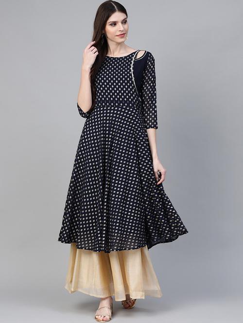 navy foil print flared kurta - 18463668 - Very Small Image - 1