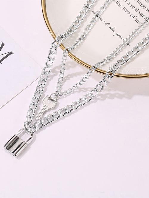 vembley stunning silver plated double layered lock and key pendant necklace - 18464857 - Very Small Image - 1