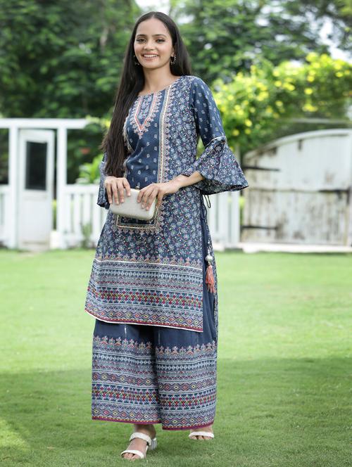 indigo bell sleeves kurta palazzo set - 18465756 - Very Small Image - 1
