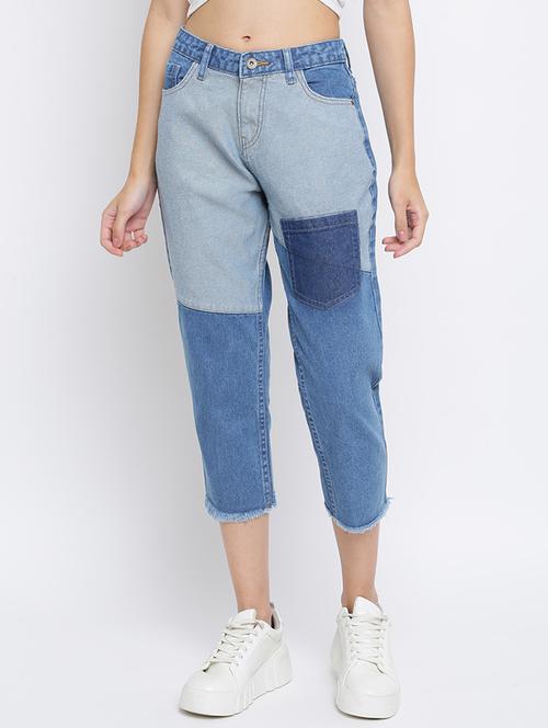 high rise patch work crop jeans - 18466030 - Very Small Image - 1